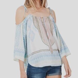 Hale Bob Cold Shoulder Blouse Top Blue/White Multicolor Size Small.